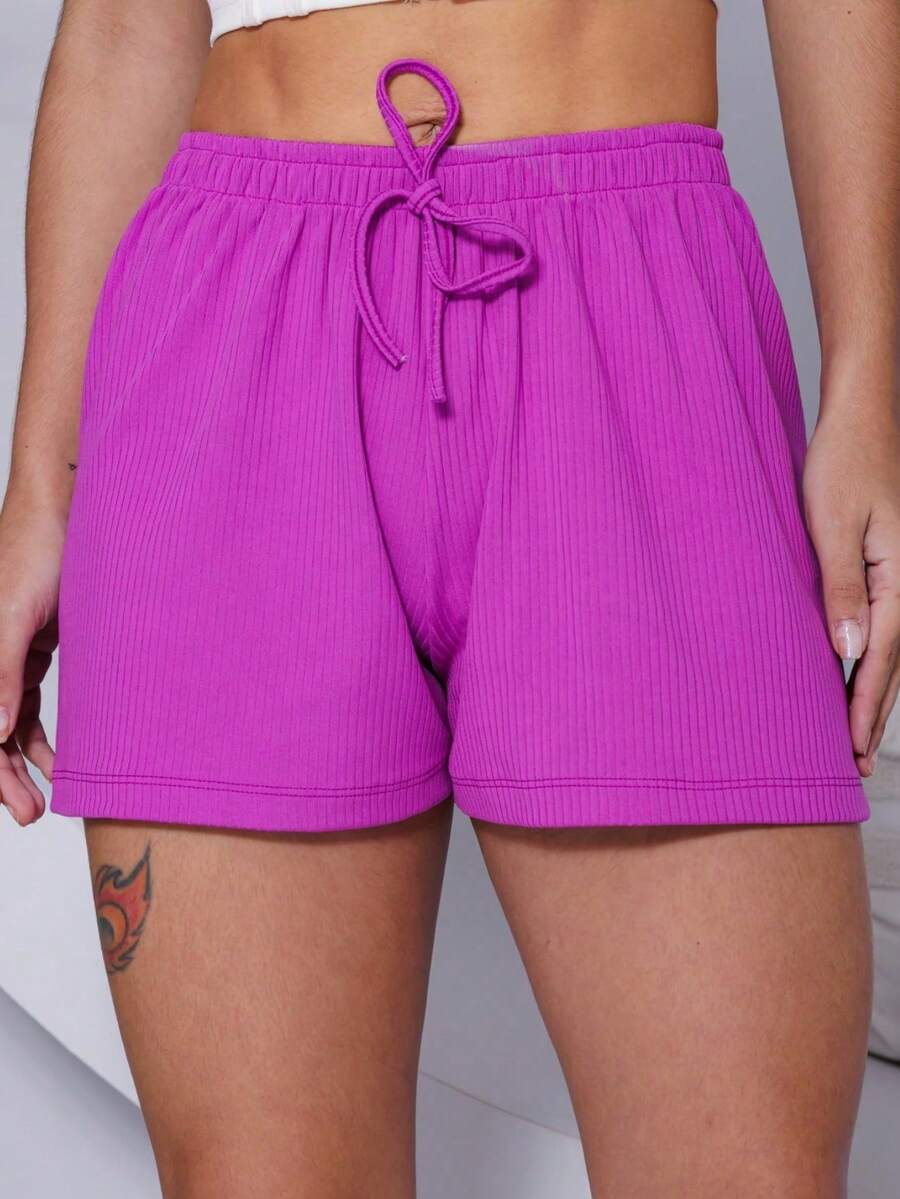 K2U Shorts Ribbed Knit Loose Simple - 玫瑰紅 - 查看 1