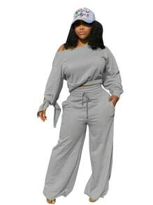 Women's Solid Color Off-Shoulder Sweatshirt And Sports Pants Set, Suitable For Autumn/Winter - Grey - View 3