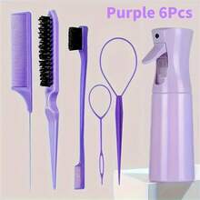 6件套发刷套装、美发喷雾瓶、发辫环、鼠尾梳、梳理发刷、边缘控制发刷 - 彩色 - 查看 2