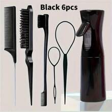 6件套发刷套装、美发喷雾瓶、发辫环、鼠尾梳、梳理发刷、边缘控制发刷 - 彩色 - 查看 1