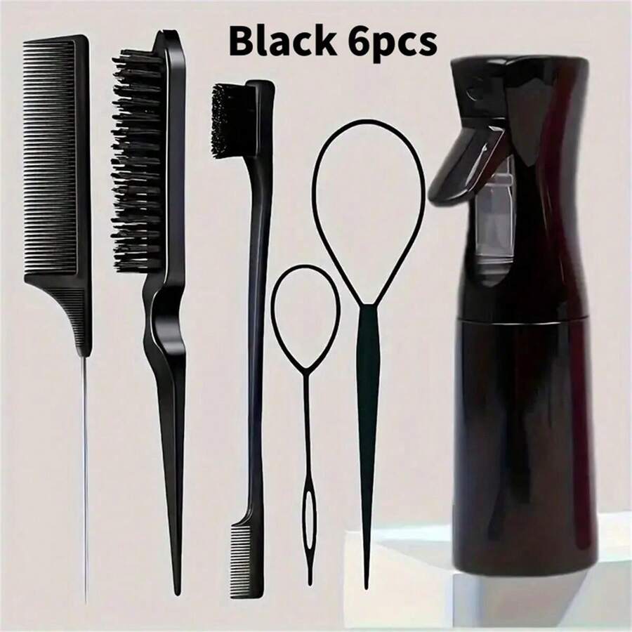 6件套发刷套装、美发喷雾瓶、发辫环、鼠尾梳、梳理发刷、边缘控制发刷 - 彩色 - 查看 1