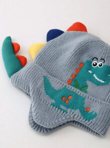 1pc Thick Double Layer Soft & Absorbent Knit Dinosaur Earflap Hat, Suitable For Children Outdoor, Walking, Playing, Skiing And Skating