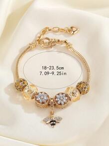 1件简约时尚水钻镂空心形四叶草粉色花朵蜜蜂吊坠手链，时尚日常佩戴女士手链 - 金黃色 - 查看 4