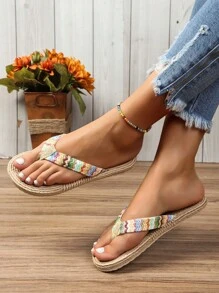 Sandali infradito flat da donna in paglia PP e lino, antiscivolo, con punta arrotondata morbida