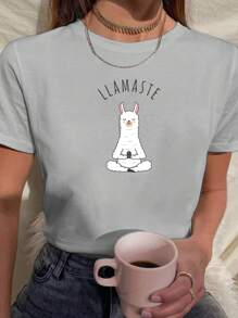 Women's Baby Look T-Shirt 100% Cotton Funny Llama Namaste Meditation Cute - Xám - Xem 1