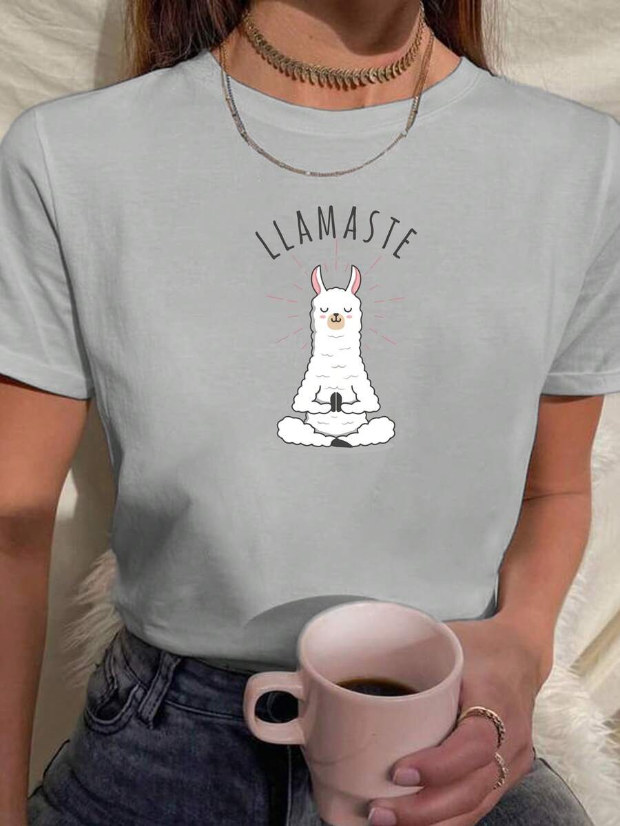 Women's Baby Look T-Shirt 100% Cotton Funny Llama Namaste Meditation Cute - Xám - Xem 1