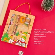 6pcs/Set Christmas Cartoon Theme Stationery Gift Box For Kids, Elementary School Students Christmas Party Supplies, Learning Gifts (Pencil/Pencil Sharpener/Eraser/Memo Pad/Ruler)