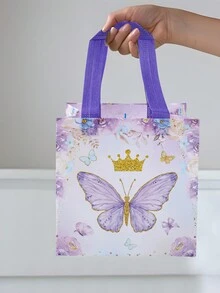 4 件紫色蝴蝶图案无纺布礼品包装袋、手提包、蝴蝶主题生日派对装饰用品、礼品包装用品、多用途礼品包装用品 - 紫色 - 查看 5