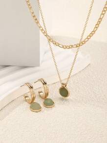 PHCOO 2pcs Minimalist Natural Stone Decor Golden Earrings And Necklace, Perfect Gift - 綠色 - 查看 2