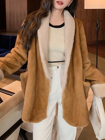 女士纯色翻领冬季优雅长袖仿貂皮大衣