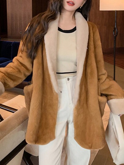 Cappotto elegante da donna invernale a tinta unita con colletto, maniche lunghe, in pelliccia di visone finta