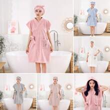 2pcs Set: Corn Kernels Sleeveless Bathrobe + Bathing Cap, Simple Style Thick Soft Fiber Swan Embroidery Bathrobe, Super Absorbent 4-Season Ladies Hooded Bathrobe & Loungewear - Multicolor - View 2