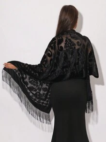 1 件女式天鹅绒花朵流苏手工蕾丝围巾，时尚优雅，四季保暖披肩，适合派对或宴会 - 彩色 - 查看 4
