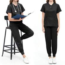 Women Healthcare Work Scrub Uniform Set, Patch Pockets V-Neck Top And Solid Color Pants, Loose Nursing Scrub Uniform Suitable For Hospital Work - Black - View 7