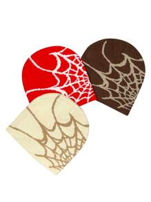 3pcs/Set Casual Spider Web Acrylic Colorblock Knit Beanies For Daily Wear Skull Skeleton