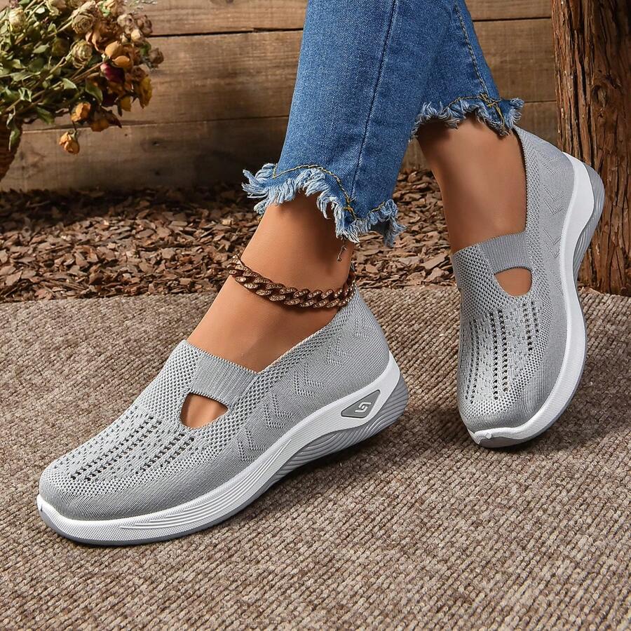 Zapatillas deportivas transpirables de malla con slip-on para mujer, suela blanda, hueca, casual y cómoda, zapatos para madres caminantes - Gris - Ver 1