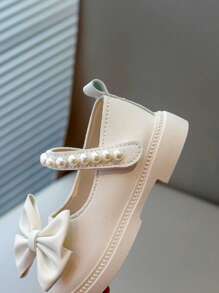 1 Pair New Girls Pearl & Butterfly Decor Hook And Loop Single Layer PU Leather Casual Shoes