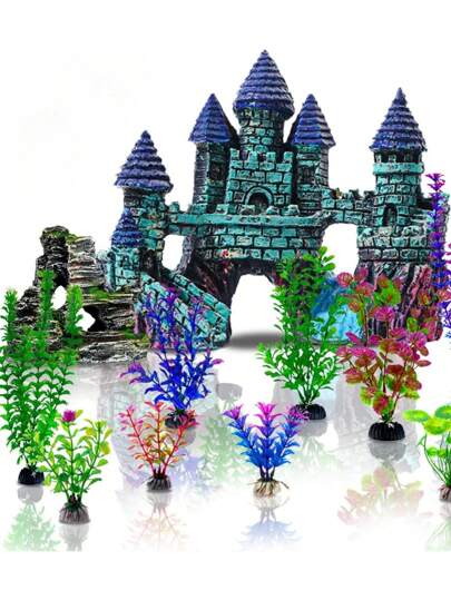 5PCS Aquarium Decoration Kit, Fish Tank Decoration Kit Small Resin Castle And Rockery Betta Fish Cave Hideout Coral Artificial Plastic Plant Decoration Accessories