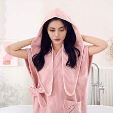 2pcs Set: Corn Kernels Sleeveless Bathrobe + Bathing Cap, Simple Style Thick Soft Fiber Swan Embroidery Bathrobe, Super Absorbent 4-Season Ladies Hooded Bathrobe & Loungewear - Multicolor - View 7