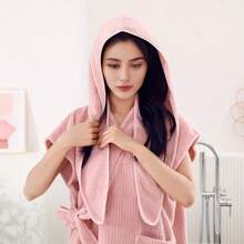 2pcs Set: Corn Kernels Sleeveless Bathrobe + Bathing Cap, Simple Style Thick Soft Fiber Swan Embroidery Bathrobe, Super Absorbent 4-Season Ladies Hooded Bathrobe & Loungewear - Multicolor - View 8