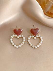 5 件装复古仿珍珠花朵镂空心形双色奢华独特耳钉耳环套装情人节