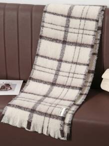 1pc Thick Black And White Striped Scarf For Women, European And American Style Faux Cashmere Plaid Warm Plaid Tassel Shawl Blanket  Winter Fall - White - View 4