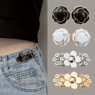2pcs/4pcs Women's Adjustable Waist Buckle Combination - Pants Waistline Shrinker Tool, Anti-Slip Waist Closure Detachable Waist Buttons, Flower Combo