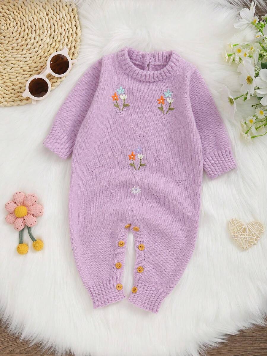1pc Infant Girls' Embroidered Long Sleeve Knit Jumpsuit - Mauve Purple - View 1