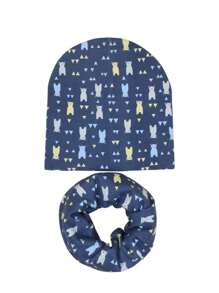2 件套婴儿无檐小便帽和围巾套装，卡通熊图案保暖头饰帽和颈部围巾，适合 9 个月至 3 岁幼儿男孩和女孩秋冬春季 - 藏蓝色 - 查看 2