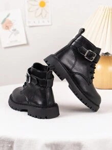 1 Pair Kids Hook And Loop Closure Round Toe Mid-Calf Platform Boots, Suitable For 4-15 Years Old, Fashionable And Comfortable For Outdoor, Casual, Festivals And All Seasons