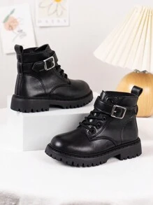 1 Pair Kids Hook And Loop Closure Round Toe Mid-Calf Platform Boots, Suitable For 4-15 Years Old, Fashionable And Comfortable For Outdoor, Casual, Festivals And All Seasons