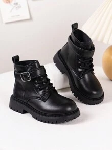 1 Pair Kids Hook And Loop Closure Round Toe Mid-Calf Platform Boots, Suitable For 4-15 Years Old, Fashionable And Comfortable For Outdoor, Casual, Festivals And All Seasons