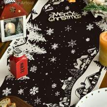 1PC Snowflake Snow House Silhouette Christmas Table Runner, Black Seasonal Winter Kitchen Table Family Party Decoration - Black - View 5
