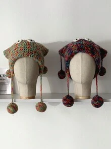 1pc Cute Colorful Tassel Ball Knitted Beanie Hat For Women, Warm Earflap Slouchy Oversized Winter Hat Christmas - Multicolor - View 2