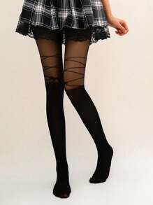 1 Pair Sexy Bowknot Garter Thigh High Stockings, Black Bandage Lolita Style Thin Stockings For Women - Black - View 2