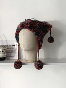 1pc Cute Colorful Tassel Ball Knitted Beanie Hat For Women, Warm Earflap Slouchy Oversized Winter Hat Christmas - Multicolor - View 6