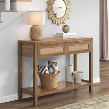 SICOTAS Rattan Console Table With Drawers, Wood Narrow Sofa Table Entryway Table For Hallway, Living Room - Oak - View 4