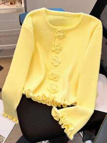 JIANHU Spring New Flower Button Frayed Knit Cardigan Women Loose Sweet Elegant Coat Versatile Long Sleeve Sweater - Yellow - View 3