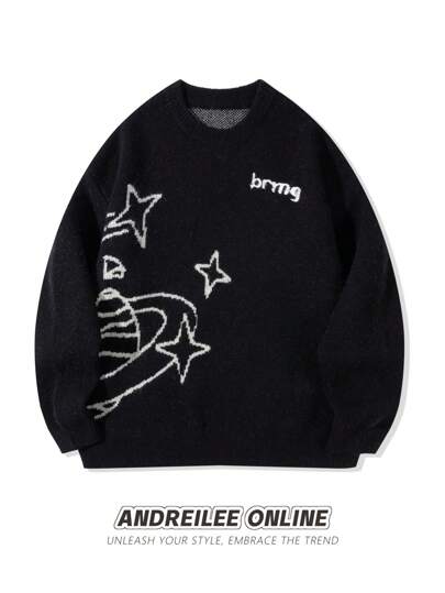 ANDREILEE 男士休闲宽松白色星形提花图案毛衣，男女通用圆领百搭套头长袖针织衫，秋冬款