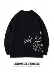 ANDREILEE Men's Casual Loose White Star Jacquard Pattern Sweater, Unisex Round Neck Versatile Pullover Long Sleeve Knit Top, Autumn/Winter