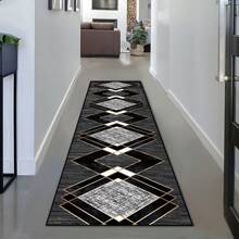 1pc/2pcs Elegant Black Diamond Shape Golden Rim Long Rug/Rug Set, 2pcs, Stain & Dust Resistant, Washable, Suitable For Home, Room, Hallway, Entryway, Bedroom, Living Room, Kitchen, Laundry Room Decoration
