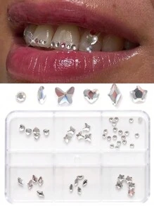 Set de gemas dentales - Kit de pegatinas para dientes de bricolaje autoadhesivas en caja, joyas para dientes de cristal de rinoceronte súper brillantes, calcomanías dentales extraíbles europeas y americanas, cristales decorativos de belleza dental, cristales asimétricos con forma de mariposa de fondo plano, accesorios brillantes y glamorosos de bricolaje para niñas, joyas dentales de cristal súper brillantes, suministros de cuidado oral con estilo personalizado de hip-hop con cristales incrustados, incluye herramientas y pegamento