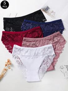 5pcs/Pack Women Lace Splice Cotton Breathable Comfortable Sexy Waist Lace Trimmed Bikini Panties - Multicolor - View 2
