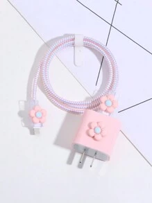 Compatible con cable de datos de 20W para iPhone, funda protectora con cargador de carga rápida, funda protectora con protector de cable con flores frescas y sencillas, protector de cargador