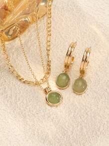 PHCOO 2pcs Minimalist Natural Stone Decor Golden Earrings And Necklace, Perfect Gift - 綠色 - 查看 1