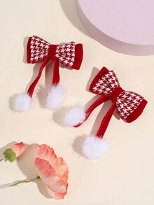 2 件装红色格子蝴蝶结女士红色天鹅绒蝴蝶结发夹带绒球优雅鳄鱼夹适合秋冬女孩辫子蝴蝶结女士发饰圣诞节 - 彩色 - 查看 1