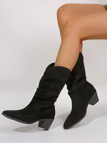 New Autumn/Winter Vintage Western Mid-Calf Boots, Pointed Toe Chunky Heel Cowgirl Short Boots,Women Boots