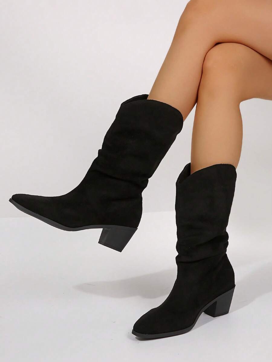 New Autumn/Winter Vintage Western Mid-Calf Boots, Pointed Toe Chunky Heel Cowgirl Short Boots,Women Boots