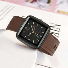 1 件男女款休闲方形棕色硅胶表带石英腕表，时尚商务风格手表，男女皆宜 - 棕色 - 查看 3