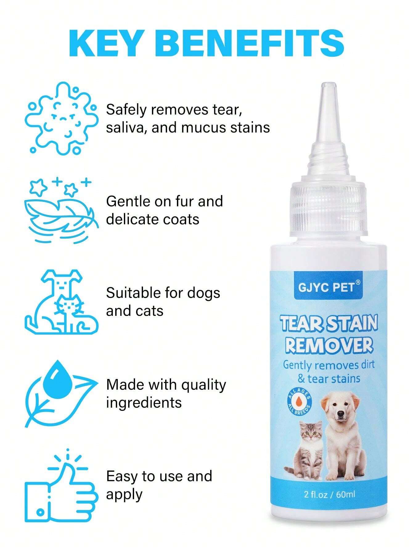 GJYC PET Pet Tear Stain Remover Kit 2 Fl Oz Liquid & 20 Cotton Pads